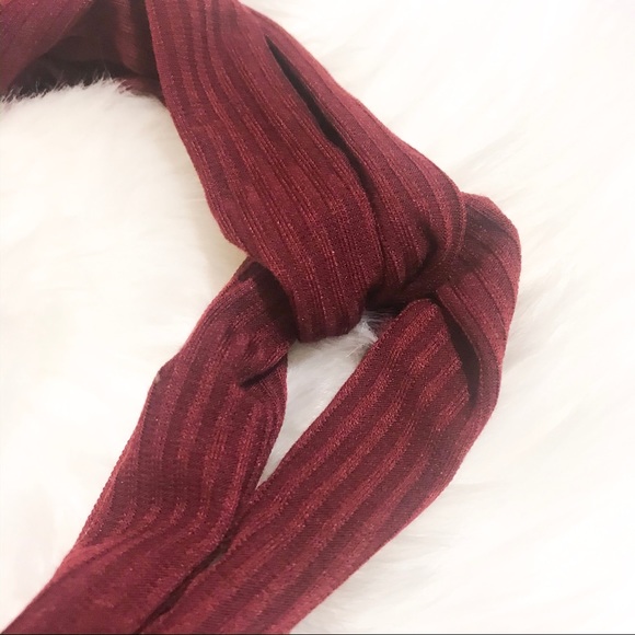 Wine Red Ribbed Cross Knot Elastic Headband - Picture 4 of 6